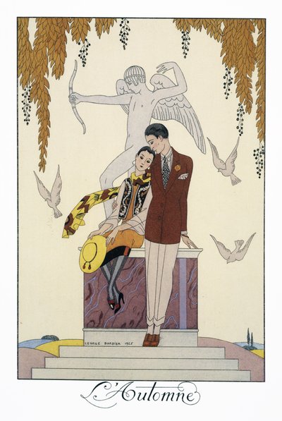 الخريف ، الطباعة الحجرية لجورج باربييه (1882-1932) ، من Falbalas et Fanfreluches ، Almanach des Modes Presentes ، Passees et Futures بواسطة جورج حلاق