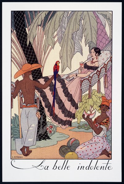 La Belle Indolente ، الطباعة الحجرية لجورج باربييه (1882-1932) ، من Falbalas et Fanfreluches ، Almanach des Modes Presentes ، Passees et Futures ، فرنسا ، القرن العشرين بواسطة جورج حلاق