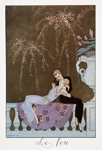 النار ، الطباعة الحجرية لجورج باربييه (1882-1932) ، من Falbalas et Fanfreluches ، Almanach des Modes Presentes ، Passees et Futures بواسطة جورج حلاق