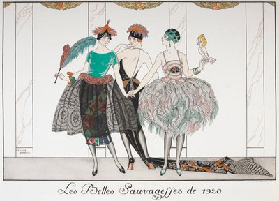 Les Belles Sauvagettes de 1920. ثلاث نساء في طابور يرتدين فساتين غريبة. بواسطة جورج حلاق