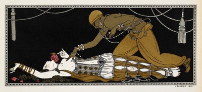 Nijinsky مثل العبد الذهبي في شهرزاد ، وهو جناح سيمفوني من تأليف نيكولاي ريمسكي كورساكوف في عام 1888. شهرزاد هنا على فراش الموت ، والعبد الذهبي يتكئ عليها بواسطة جورج حلاق