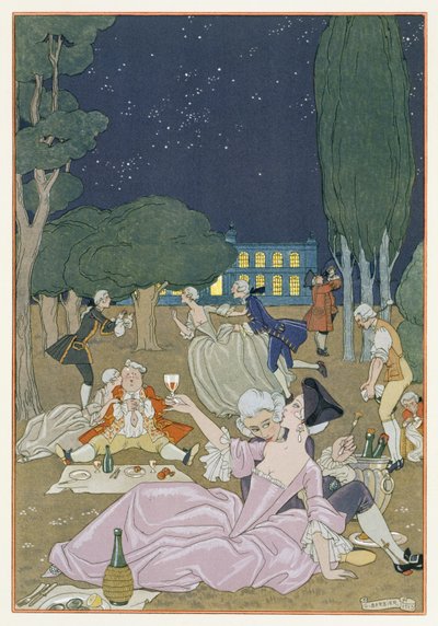 على العشب ، رسم توضيحي لـ "Fetes Galantes" بقلم بول فيرلين (1844-96) 1923 (طباعة pochoir) بواسطة جورج حلاق