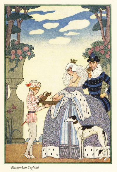الملكة إليزابيث تغسل يديها في وعاء يحمله صبي الصفحة. 1928 (طباعة) بواسطة جورج حلاق