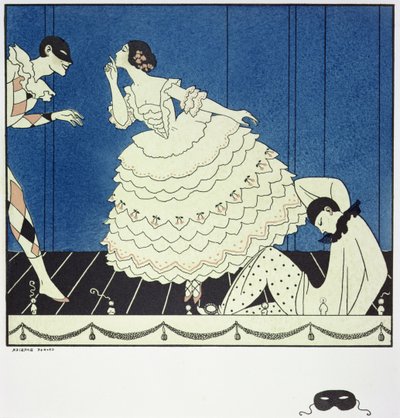 تمارا كارسافينا (1885-1978) في دور كولومبين ، وفاسلاف نيجينسكي (1890-1950) في دور هارلكين وأدولف بولم (1884-1951) في دور بييرو في "كرنفال" فوكين في عام 1910 ، حانة. 1914 (طباعة pochoir) بواسطة جورج حلاق
