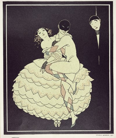 تمارا كارسافينا (1885-1978) مثل كولومبين وفاسلاف نيجينسكي (1890-1950) مثل Harlequin في Fokine &39;Carnaval&39; في عام 1910 ، حانة. 1914 (طباعة pochoir) بواسطة جورج حلاق