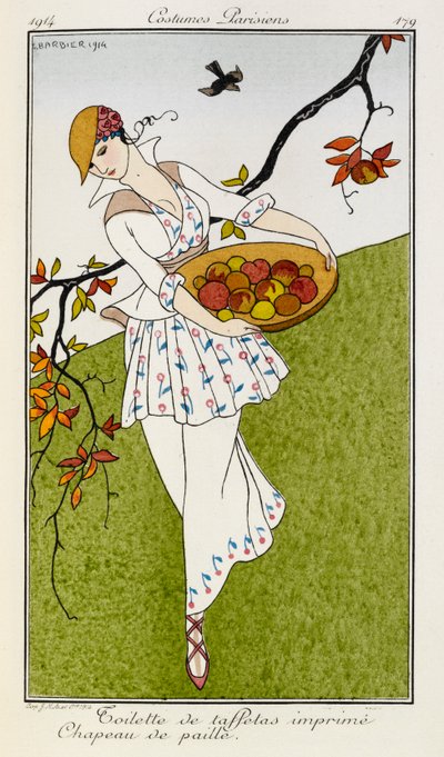 Toilette de taffetas Imprime Chapeau de paille. ازياء Parisiens رقم 179. امرأة ترتدي زيًا حريريًا مطبوعًا وقبعة من القش. إنها تحمل وعاء من الفاكهة. بواسطة جورج حلاق