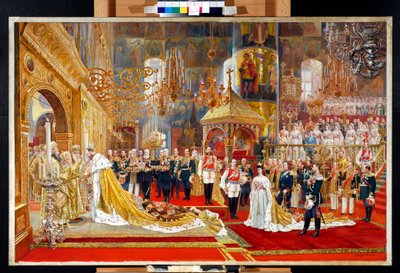تتويج القيصر ألكسندر الثالث ملك روسيا (1845-1894) والإمبراطورة ماريا فيودوروفنا (داغمار الدنماركي) (1847-1928) - عمل فني لجورج بيكر (1845-1909) بواسطة جورج بيكر