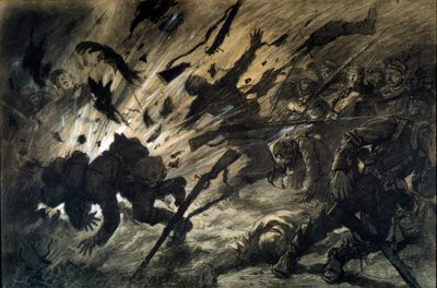 تأثير قذيفة في الليل ، أبريل 1915 رسم لجورج سكوت ديت سكوت دي بلاجنوليس (1874-1942) 1915 - حبر على ورق ، تحوطات الغواش - الشمس: 0،67x1،010 م - باريس ، متحف أرمي بواسطة جورج بيرتين سكوت