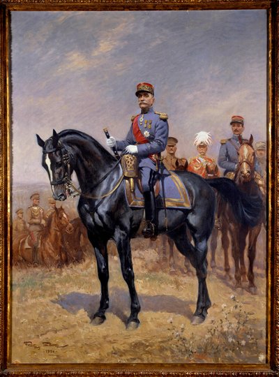 First World War: “” Equestrian portrait of Ferdinand Foch (1851-1929) marechal of France”” Behind him, Douglas Haig, Armando Diaz and Maxime Weygang. Painting by Georges Bertin Scott (1873-1942) dit Scott de Plagnolles 1930 Sun. 1,25x0,92 m. Paris, Musee d بواسطة جورج بيرتين سكوت