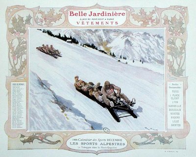 Tobogganing ، رسم توضيحي لشهر ديسمبر من تقويم لمتجر الملابس "La Belle Jardiniere" بواسطة جورج بيرتين سكوت