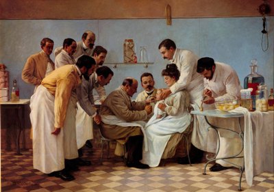 الطب: "" الغلاف "" "إدخال أنبوب له طفل مصاب بالخناق. لوحة لجورج شيكوت (نشط بين عامي 1899 و 1907). القرن ال 20 الشمس. 1،3x1،8 م Musee de l'Assistance Publique ، باريس - الطب: التنبيب. يتم تمرير أنبوب مرن لأسفل بواسطة جورج شيكوت