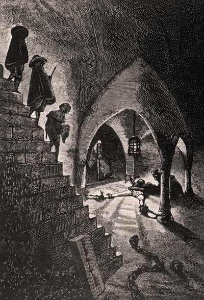 La Cave Pénale - صورة توضيحية من L&39;Homme qui rit ، القرن التاسع عشر (النقش بالأبيض والأسود) بواسطة جورج ماري روشجروس
