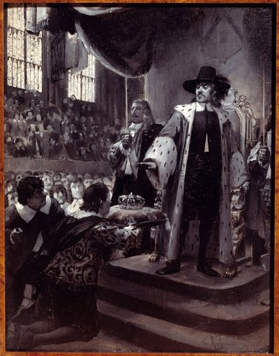 أوليفييه كرومويل (1599-1658) رفض التاج اقترح اللورد الحامي لجمهورية بريطانيا العظمى التاج من قبل العريضة المتواضعة و Avis (البرلمان الجديد) في عام 1658. Grisaille على الخشب بواسطة جورج أنطوان روشغروس (1859-1938) القرن التاسع عشر . بواسطة جورج ماري روشجروس