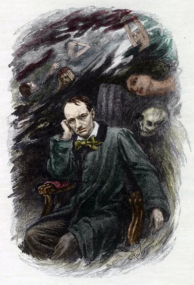 صورة للشاعر الفرنسي تشارلز بودلير (1827-1861) تحيط بأشباحه (تمثيل للشاعر الرومانسي الفرنسي تشارلز بودلير محاطًا بالأشباح ، رسم توضيحي لـ "" زهور الشر ") رسم لجورج أنطوان روشغروس (1859-1919) بواسطة جورج ماري روشجروس