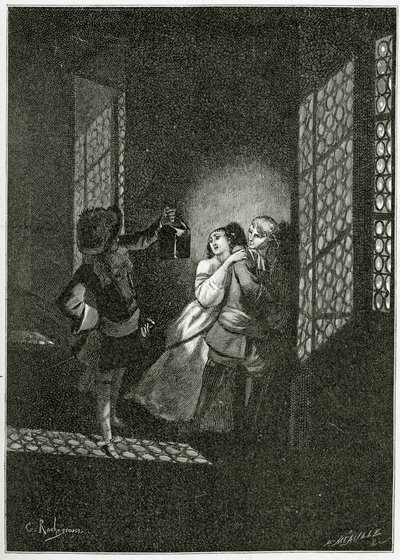 تم القبض على العشاق Ethel و Ordener من قبل اللفتنانت دالفيلد - التوضيح من Han d&39;Islande ، القرن التاسع عشر (bw engraving) بواسطة جورج ماري روشجروس