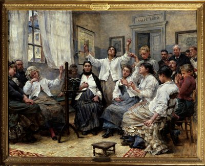 سحر الأعمال الخيرية (خدمة دكتور لويس). مشهد في مستشفى Hôpital de la Charite في باريس: المرضى الذين يعانون من الهستيريا وأمراض عقلية أخرى تحت المراقبة من قبل الأطباء في الجزء الخلفي من الغرفة. على الحائط ملصق عن طرق التنويم المغناطيسي كعلاج بواسطة جورج موريو دي تورز