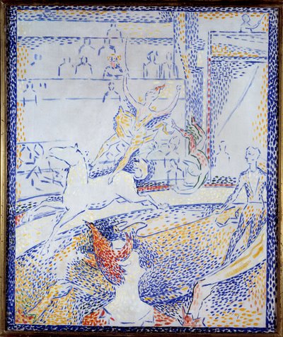 سيرك راقص يقوم برقم الأكروبات على ظهور الخيل ومهرج. رسم لجورج سورات (1859-1891) 1891 صن. 0،55x0،46 م باريس ، متحف دورسيه بواسطة جورج بيير سورات