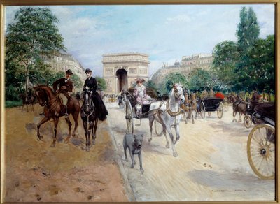 فرسان ومقرنات في شارع دو بوا في باريس أو فوند لارك دي تريومف. لوحة لجورج شتاين (نشط بين 1890 و 1910) القرن العشرين صن. 0،58x0،8 م باريس ، متحف كارنافالي بواسطة جورج ستاين