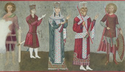 نسخة من لوحة جدارية تصور الملكة ثامار (1184-1213) ووالدها الملك جريجوري الثالث (1156-1184) بواسطة المدرسة الجورجية