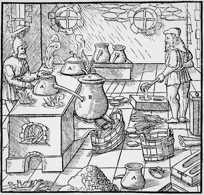 نقش من De re metallica (عن طبيعة المعادن) ، بواسطة Georg Pawer أو Georgius Agricola (1494-1555) ، نُشر في بازل بواسطة جورجيوس أجريكولا