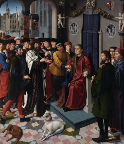 حكم قمبيز (الملك الفارسي قمبيز الثاني (توفي 522 قبل الميلاد) يدين القاضي سيسامنيس بأن يُسلخ حياً ، لإصداره حكماً مقابل المال) - دينونة قمبيز (اللوحة اليسرى) - رسم جيرارد ديفيد (حوالي 1460-) 1523) - 149 بواسطة جيرارد ديفيد