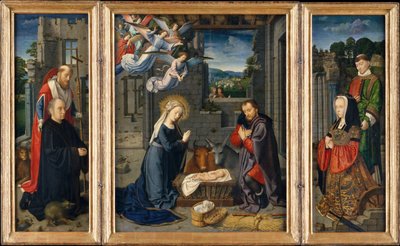 الميلاد مع المانحين والقديسين جيروم وليونارد ، كاليفورنيا. 1510-15. بواسطة جيرارد ديفيد