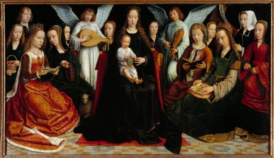 The Virgin between the saints Before: Saint Dorothee, Saint Catherine, Saint Agnes, Saint Fausta, Saint Apollo (or Apollonia), Saint Godeline, Saint Cecile, Saint Barbe, Saint Lucia, at the back: Gerard David and his wife Cornelie and two musicians angels. بواسطة جيرارد ديفيد