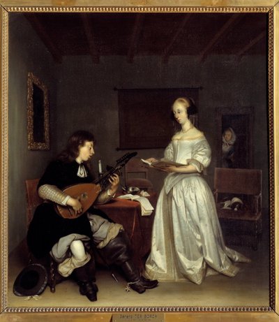 الثنائي؛ المغني وعازف العود Theorbo. لوحة لجيرارد تير بورش (1617-1681) ، هولندية بواسطة جيرارد تير بورش