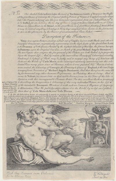تذكرة السحب لرسومات فينوس وكوبيد بعد مايكل أنجلو ، 1734. بواسطة جيرارد فاندرجوخت