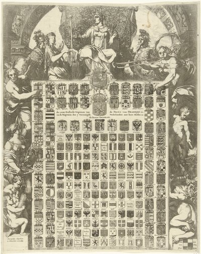 معاطف نبالة الأمير ويليم الثالث في إطار استعاري LXIIII Gender Arms of the Prince of Oraenjen وما إلى ذلك و Arms of the 7 United Netherlands مع مدنها وما إلى ذلك (العنوان على الكائن) بواسطة جيرارد دي لايرس