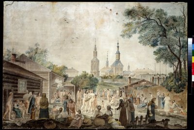 علاج حراري (ساونا) في موسكو (حمام علاجي في موسكو). رسم جيرارد دي لا بارث (نشط بين 1787 و 1810). لوحة مائية على ورق ، 45.7 × 66.7 سم ، حوالي عام 1790. الفن الفرنسي في القرن الثامن عشر. متحف المجموعات الخاصة في متحف A. Pushkin of Fine A بواسطة جيرارد دي لا بارث