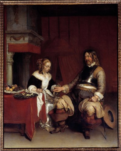 الباسلة العسكرية أو الشابة التي يعرض عليها الرجل المال. لوحة لجيرارد تير بورش (1617-1681) ، هولندية بواسطة جيرارد تير بورش