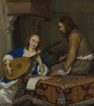 امرأة تلعب Theorbo-Lute و Cavalier ، c.1658 بواسطة جيرارد تير بورش