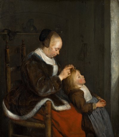 أم تمشيط شعر طفلها ، والمعروف باسم الصيد للقمل ، c.1652-1653 بواسطة جيرارد تير بورش
