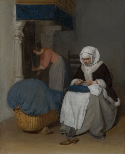 خياطة المرأة بجانب المهد ، ج .1656 بواسطة جيرارد تير بورش