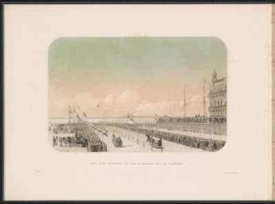 مسابقة الزلاجات التي تجرها الخيول على نهر ماس في روتردام ، 1855 منظر لسباق الحزام مع حصان ومزلقة ، على طول ويليمسكاد (العنوان على الكائن) الترفيه على الجليد في ماس في روتردام في فبراير 1855 ، مع تعليق (عنوان السلسلة على الكائن) بواسطة جيراردوس يوهانس بوس
