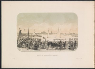 مسابقة اليخوت الشراعية على الجليد في ماس في روتردام ، 1855 منظر لحفلة الإبحار الصعبة مع قوارب الجليد (العنوان على الجسم) الترفيه على الجليد في ماس في روتردام في فبراير 1855 ، مع تعليق (عنوان السلسلة على الكائن) بواسطة جيراردوس يوهانس بوس