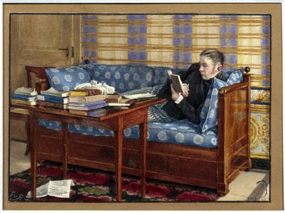صورة للشاعر فاسيلي زوكوفسكي (1783-1852). (صورة للشاعر فاسيلي جوكوفسكي). مستلقيًا على أريكة ، يقرأ أمامه أكوامًا من الكتب على طاولة. عمل غيرهارد فيلهلم فون روترن (1794-1865) ، بقلم رصاص وألوان مائية على ورق بواسطة غيرهارد فيلهلم فون رويترن