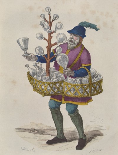بائع الزجاج والكريستال في القرن الخامس عشر ، من Costumes de Paris a Travers les Siecles تم نشره عام 1887 (نقش الألوان) بواسطة جرلير