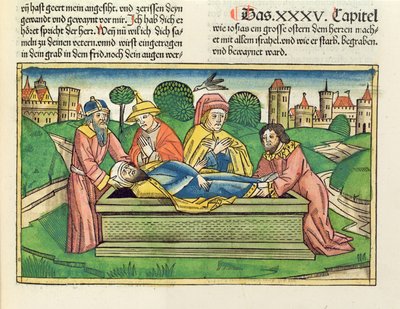 ٢ أخبار ٣٥ ٢٤ دفن يوشيا من الكتاب المقدس نورمبرغ (Biblia Sacra Germanaica) (قطع خشبية ملونة) بواسطة المدرسة الألمانية