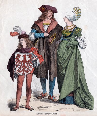 عائلة برجوازية. أزياء ألمانية من القرن السادس عشر من "Munchener Bilderbogen" ، ألمانيا ، حوالي 1880 (نقش) بواسطة المدرسة الألمانية