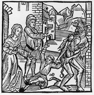 شيطان يأخذ الطفل أمام أعين والديه الذين وعدوه بموجب ميثاق - في "Der Ritter von Turn" لـ Knight Marquard vom Stein بواسطة المدرسة الألمانية