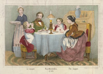 عائلة في وجبة المساء ، ورقة عريضة مصورة نشرها Haider & Cronberger ، شتوتغارت ، 1860 بواسطة المدرسة الألمانية