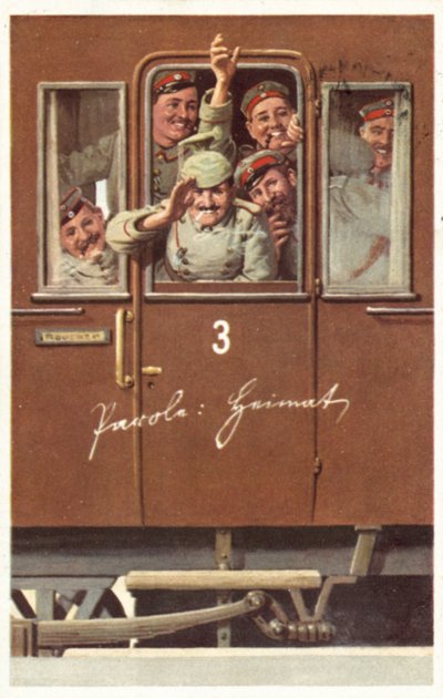 A group of German First World War soldiers waving from a railway carriage (colour litho) بواسطة المدرسة الألمانية