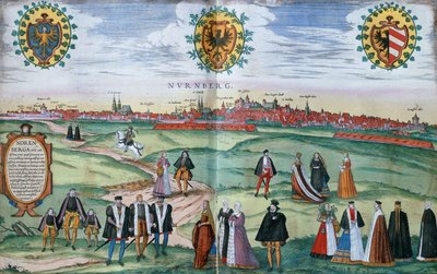 منظر بانورامي لنورمبرج ، مع شخصيات في اللباس المحلي في المقدمة ، c.1575 بواسطة المدرسة الألمانية