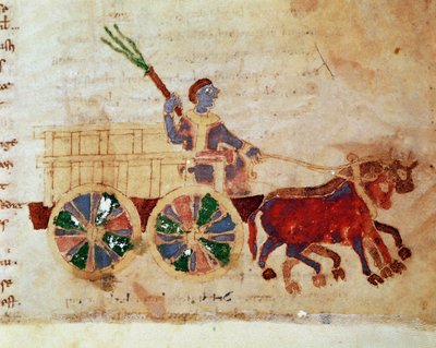 فلاح على عربة منمنمة من مخطوطة "" De Universo "(أو De rerum naturis (عن طبيعة الأشياء)) (كود 132) لرابانوس موروس ماجننتيوس (أو رابان مور أو رابانو ماورو) (حوالي 780-856 ). القرن التاسع. أرشيف دير مونتي كاسينو (جبل كاس بواسطة المدرسة الألمانية