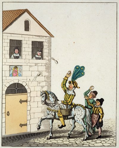 رقصة مستديرة في ساحة المدينة الرئيسية ، من جمارك Old Nurembergs و Jester على Piebald Horse Throwing Eggs ، من Old Nurembergs الجمارك والممارسات في الألعاب والأغاني ، أعيد نشرها عام 1831 (اللون بواسطة المدرسة الألمانية