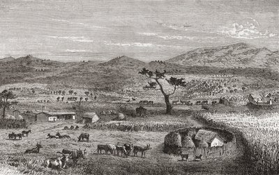 مستوطنة في كويهارا ، غرب أفريقيا ، رسم توضيحي من "العالم في الأيادي" ، نُشر عام 1878 بواسطة المدرسة الألمانية