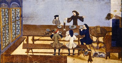 مشهد داخلي لحانة مع شخصيات تشرب ، حوالي عام 1690 (جواش على ورق) بواسطة المدرسة الألمانية