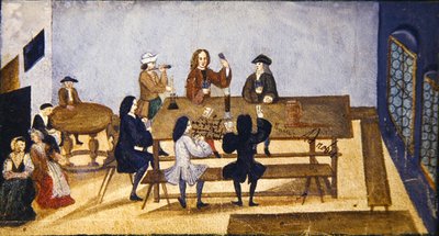 مشهد داخلي لحانة بأوراق لعب شخصيات ، حوالي عام 1690 (جواش على ورق) بواسطة المدرسة الألمانية